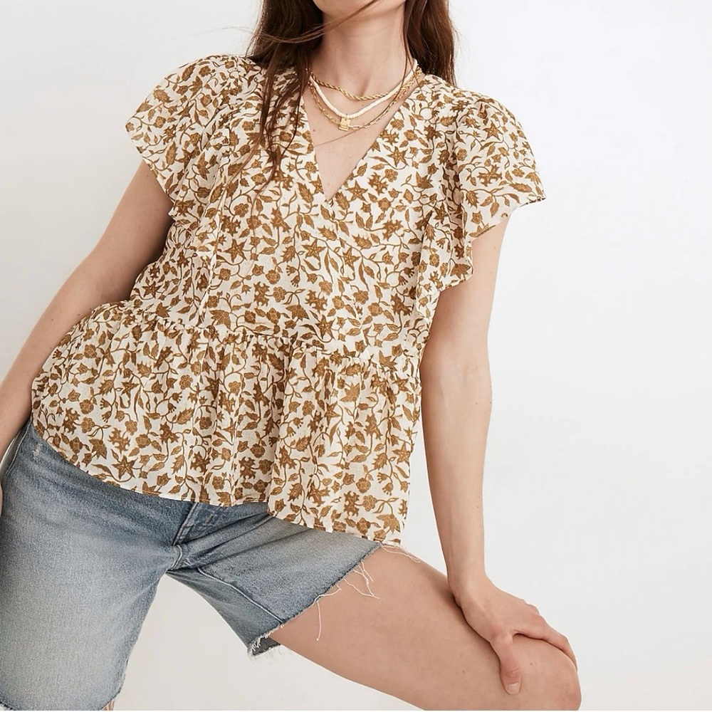 Madewell Crinkle Georgette Flutter-Sleeve Peplum Top in Batik Vine